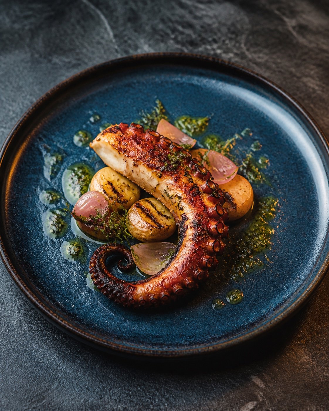 Charred octopus tentacle with smoked potato and parsley oil