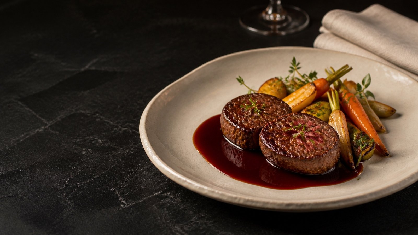 Charcoal-grilled beef medallions with red-wine jus and roasted seasonal vegetables on a handmade ivory plate.