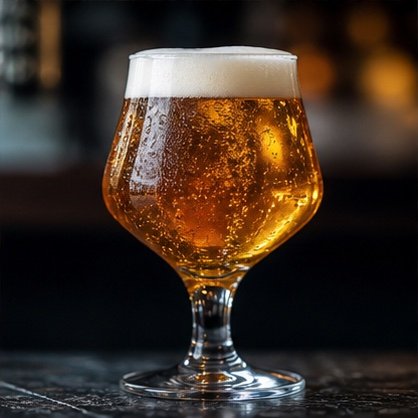 Craft amber beer with a creamy head in a stemmed glass