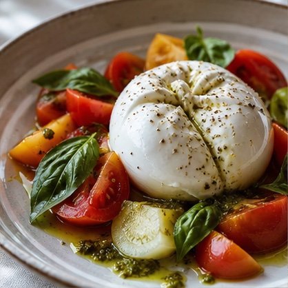 Burrata surrounded by colourful tomatoes, basil, and green oil
