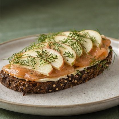 Cured trout and apple on seeded rye with dill