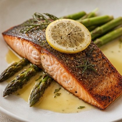 Grilled salmon fillet with asparagus, lemon, and butter sauce