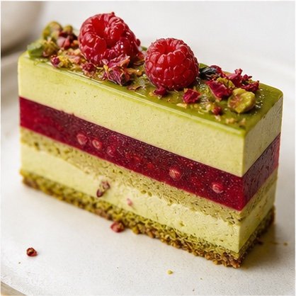 Layered pistachio and raspberry entremet topped with fresh berries