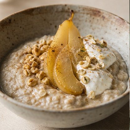 Oat porridge with poached pear, cultured cream, and toasted grains