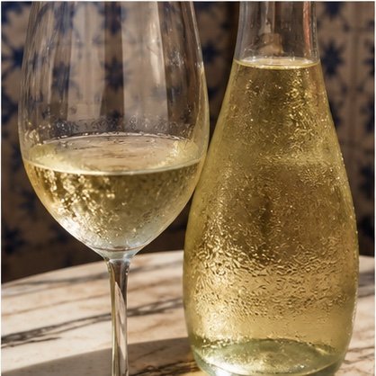 Chilled Vinho Verde in a wine glass beside its bottle